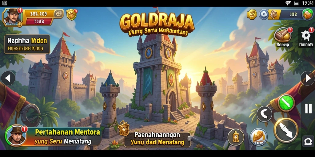 Screenshot gameplay menara pertahanan GOLDRAJA dengan strategi mendebarkan.