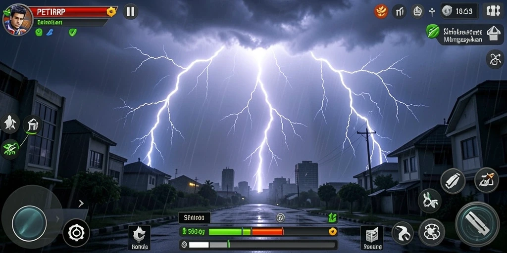 Screenshot gameplay PETIRRP menampilkan efek petir yang menakjubkan.