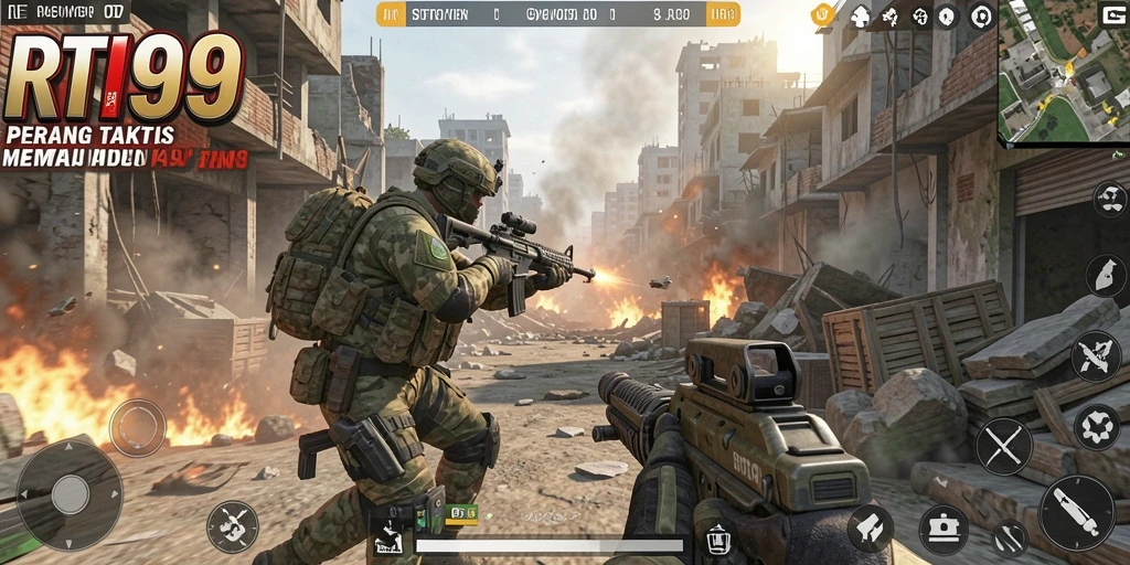 Screenshot gameplay RT99 menampilkan aksi seru di medan perang.