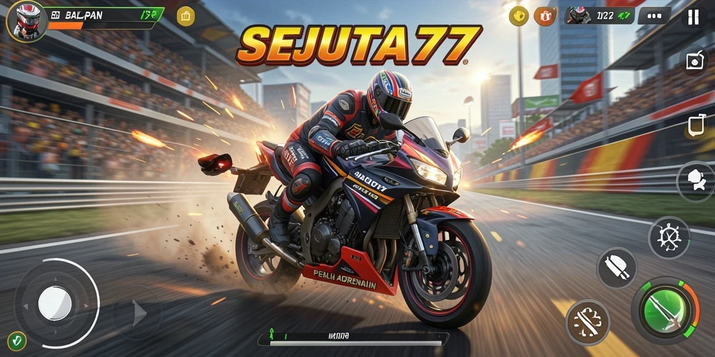 Tampilan seru dari gameplay SEJUTA77 yang penuh aksi balapan motor.